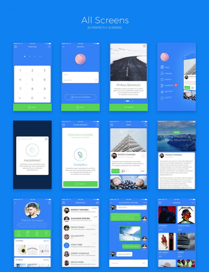 28 Screens Blue Sky App Design Concept for Photoshop - FreebiesUI