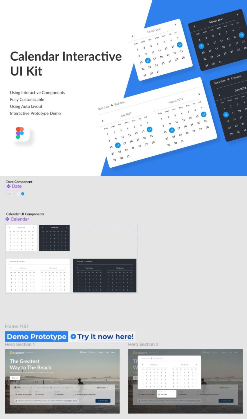 Calendar Interactive UI Kit - Figma - FreebiesUI